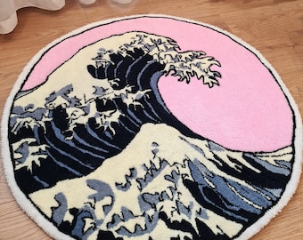 Handmade Great Wave Rug, Japanese Ocean Art, Coastal Home Decor, Unique Mat
