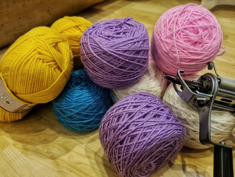 Materials used to make this rug, yarn and tufting gun