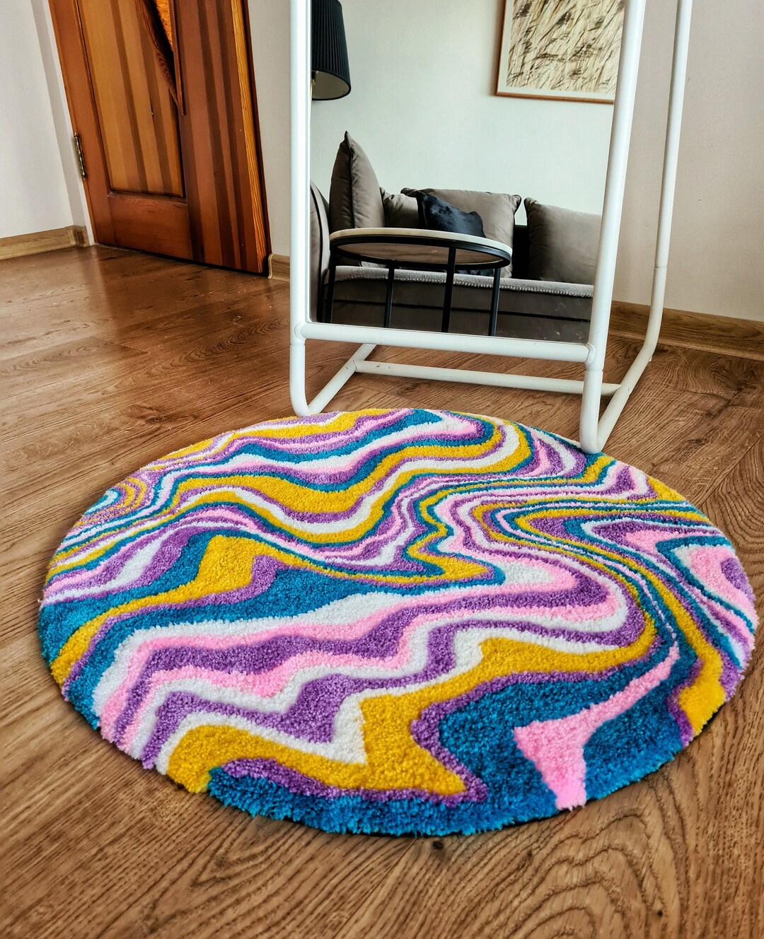 Colorful Tufted Rug - Handmade Bohemian Decor, Groovy Pattern, Multi ...