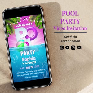 Pool Party Birthday Video Invitation, Girls Tropical Animated Evite, Summer Party Video, Personalized Electronic Card Digital Download B1 K1