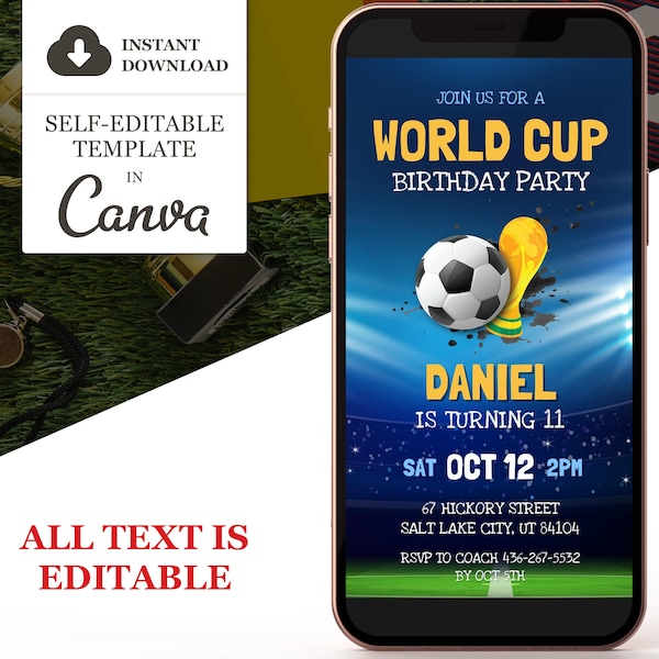 Soccer World Cup Digital Invitation, Electronic Birthday Party Invite, Football Editable Canva Template, Phone Text Evite, Instant Download
