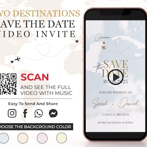 Video de reserva de fecha con dos destinos, invitación de boda animada digital con mapa del mundo, video de reserva de fecha para cumpleaños, invitación de aventura W1