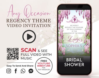 Regency Theme Bridal Shower Video Invitation, Pink Wisteria Birthday Invite, Any Occasion Digital Video Invite, Animated Romantic Card BSH1