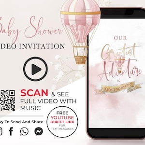 Convite em vídeo para chá de bebê de menina "Nossa Maior Aventura", convite para aventura em balão de ar quente, convite em vídeo digital "Nuvens" BSH2