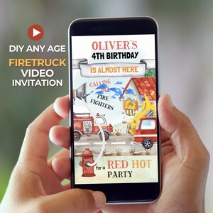 May include: A smartphone displays a digital invitation for Oliver's 4th birthday party. The invitation features a watercolor illustration of a fire truck, a fire hydrant, and a burning building. Text includes "Oliver's 4th Birthday", "Is Almost Here", and "Red Hot Party".