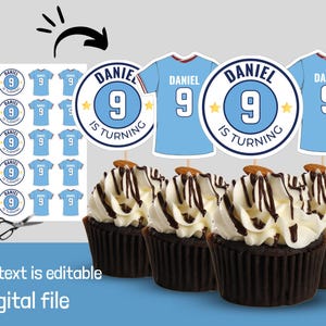 Modelo editável para topo de cupcake de camisa de futebol, topo de cupcake de aniversário de futebol, decoração de comida de futebol, decoração de futebol para impressão, arquivo digital