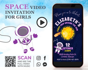 Girl's Space Birthday Video Invitation, Any Age Girl Astronaut Video Invite, Trip Around the Sun Invitation, Outer Space Rocket Birthday K1