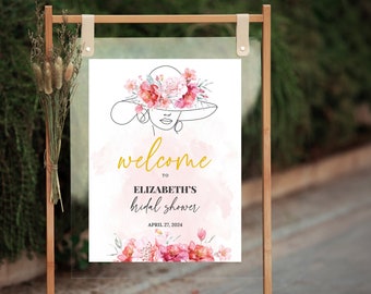 Kentucky Derby Bridal Shower Welcome Sign, Fancy Hat Party Editable Template, Derby Flowers Welcome Sign, Bridal Shower Canva Template