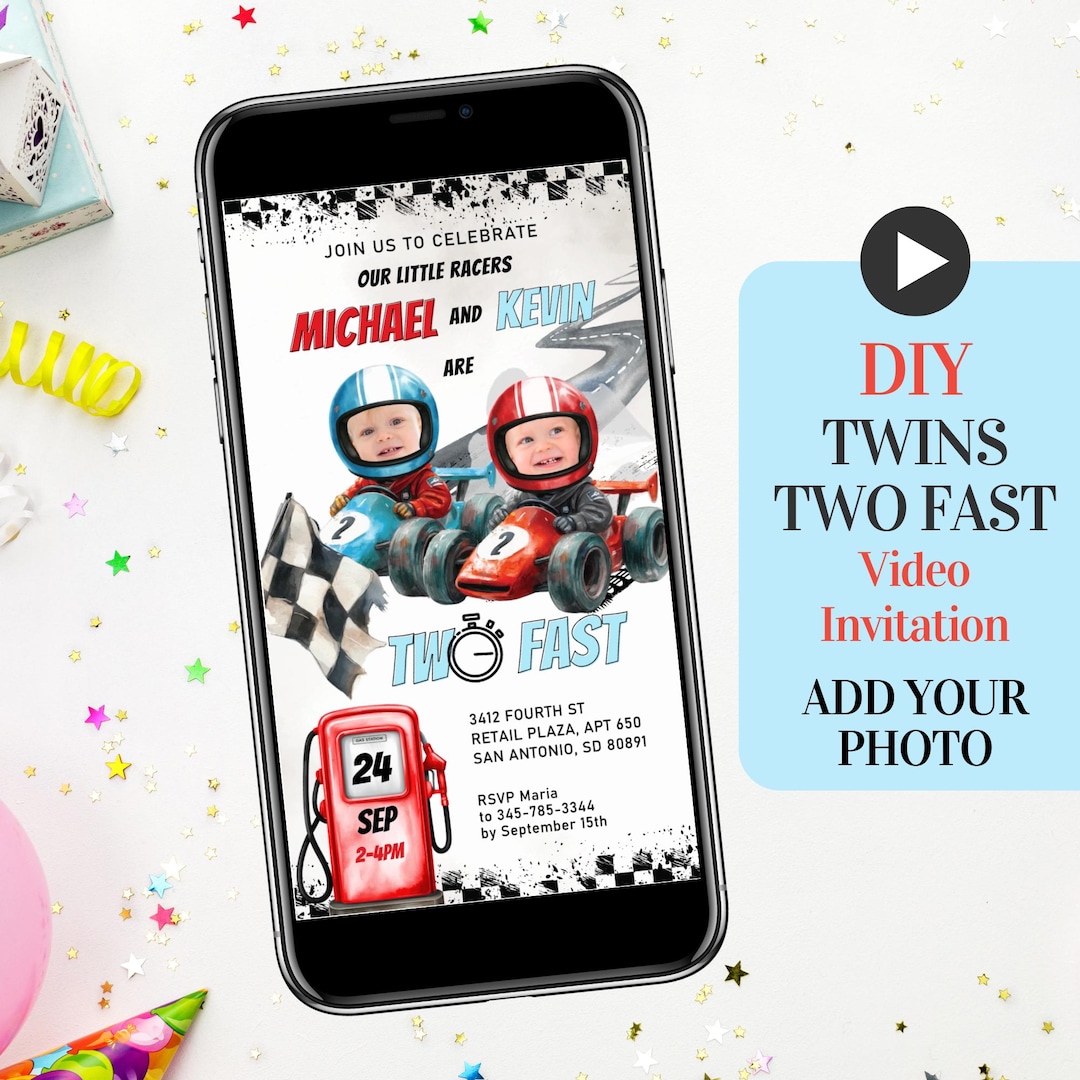 DIY Twins Photo Two Fast 2nd Birthday Animated Video, Siblings Racing ...