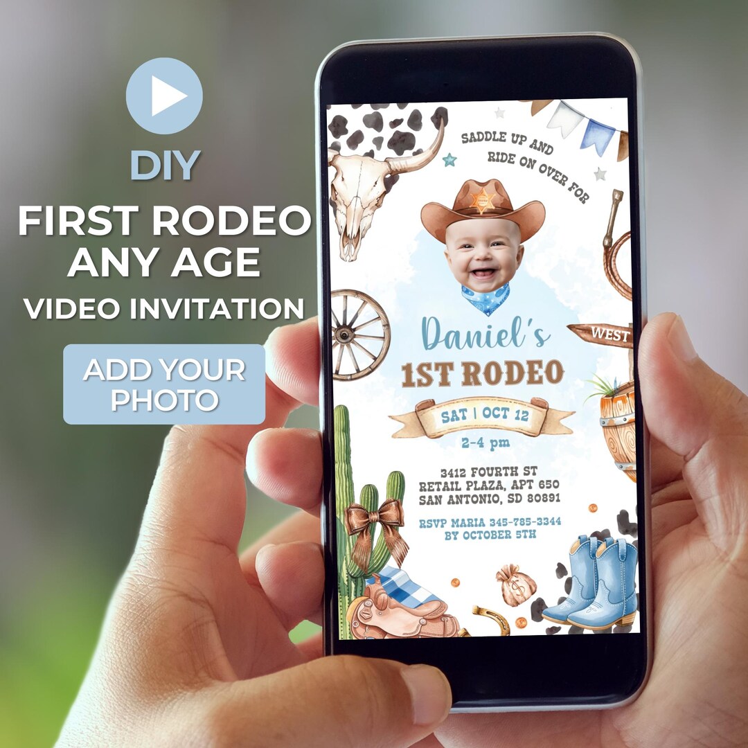 DIY Photo First Rodeo Birthday Invitation, Cowboy 1st Party Animated ...