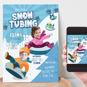 Snow Tubing Geburtstagseinladung mit Ihrem Foto für zwei Kinder, Jedes Alter Winter Schnee Einladung, Piste Party Tubing Einladung, Digitale Datei P1