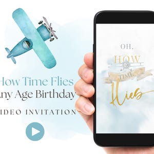 Wie die Zeit vergeht Jedes Alter Geburtstagseinladung für Jungen, Retro Flugzeug in Wolken Video Einladung, Abenteuer Flugzeug Party Video einladen, Digital