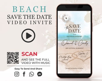 May include: A beach-themed save the date video invitation with a QR code to scan. The invitation features a blue ocean, sandy beach, and two hearts drawn in the sand. The text reads "Save the Date and Get Your Passport Daniel & Cindy Are Getting Married!! September 6, 2025 Montigo Bay Jamaica".
