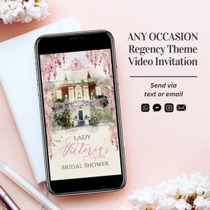 Rosa Regency Thema Brautparty Video Einladung, Glyzinien Geburtstag einladen, Babyparty Digital Video einladen, animierte Aquarell Karte BSH1