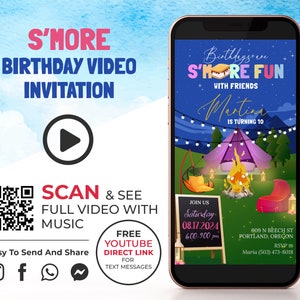 Convite em vídeo para aniversário com S'more, convite para festa de acampamento com fogueira, convite animado para fogueira, convite digital para festa do pijama, aniversário com glamping K1