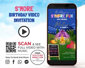 S'more Birthday Video Invitation, Bonfire Camping Party Invitation, Campfire Animated Invite, Slumber Digital Invite, Glamping Birthday K1