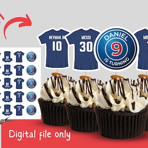 May include: Cupcakes with white frosting and chocolate drizzle, topped with almonds. The cupcakes are decorated with paper cutouts of soccer jerseys and a round emblem that says "Daniel is Turning 9". The text "Digital file only" is visible.