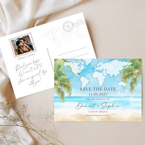 Plantilla para guardar la fecha en una playa de destino, plantilla para guardar la fecha en una boda tropical, plantilla para guardar la fecha en una fiesta de cumpleaños con arena de mar y palmeras, plantilla para fiesta de viaje D1