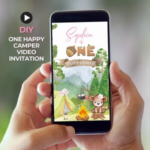 One Happy Camper Video Invitation, Girl S'more Animated Invite, Bonfire First Birthday, Camping Electronic Card Digital Download K1