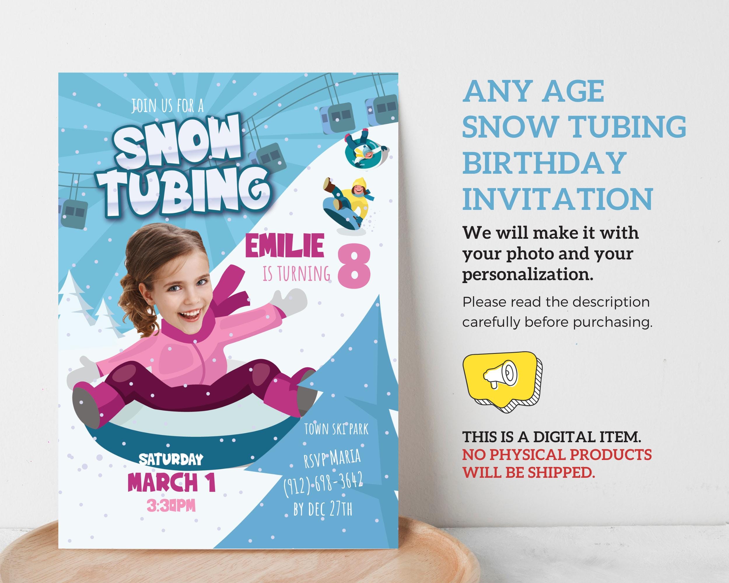 Snow Tubing Birthday Invitation With Your Photo, Any Age Winter Snow ...