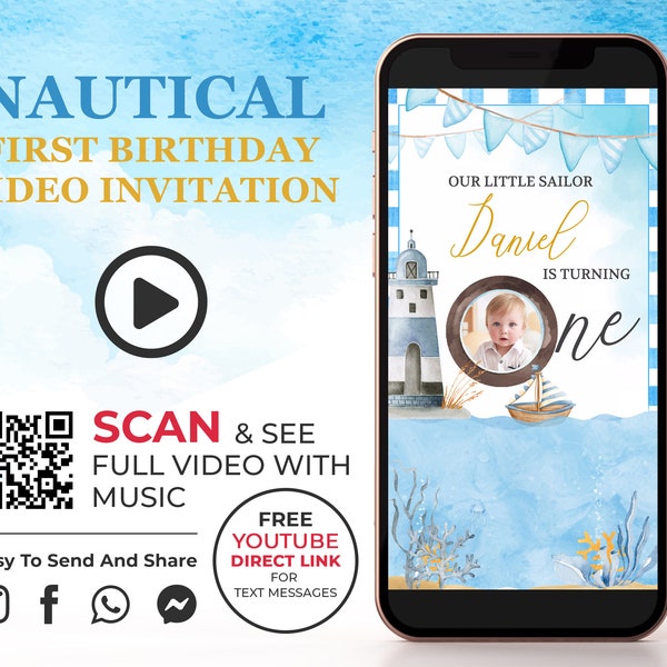 Nautical 1st Birthday Video Invitation, Sailor First Birthday Invite wth Photo, Ocean Theme Personalized Digital Invite for Social Media K1