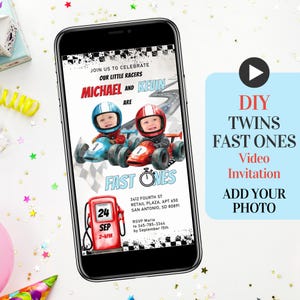 May include: A smartphone shows a personalised invitation for twins, with illustrations of two children in racing cars. The invitation includes the text "Join us to celebrate our little racers" and "Fast Ones". The invitation also includes the date, time, and RSVP information.