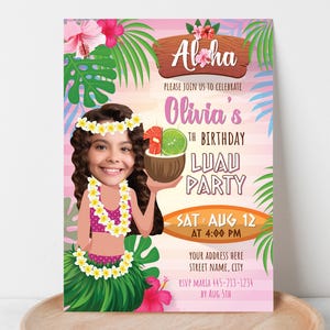 Luau Geburtstagseinladung mit Foto, Hawaiianische Geburtstagseinladung, Sommer Strandparty, Tropisch Digitale Aloha Karte für Mädchen und Jungen P1