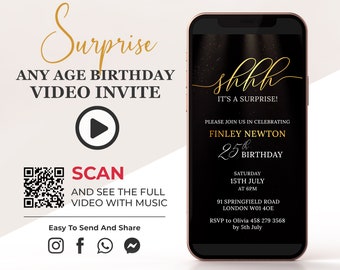 Surprise Birthday Video E Invitation, Shhh It's a surprise Sparkly Animated Invite, Any Age Digital Invite, Personalized Phone Invite B1