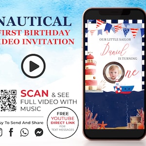Nautical 1st Birthday Video Invitation, Sailor First Birthday Invite wth Photo, Ocean Theme Personalized Digital Invite for Social Media K1