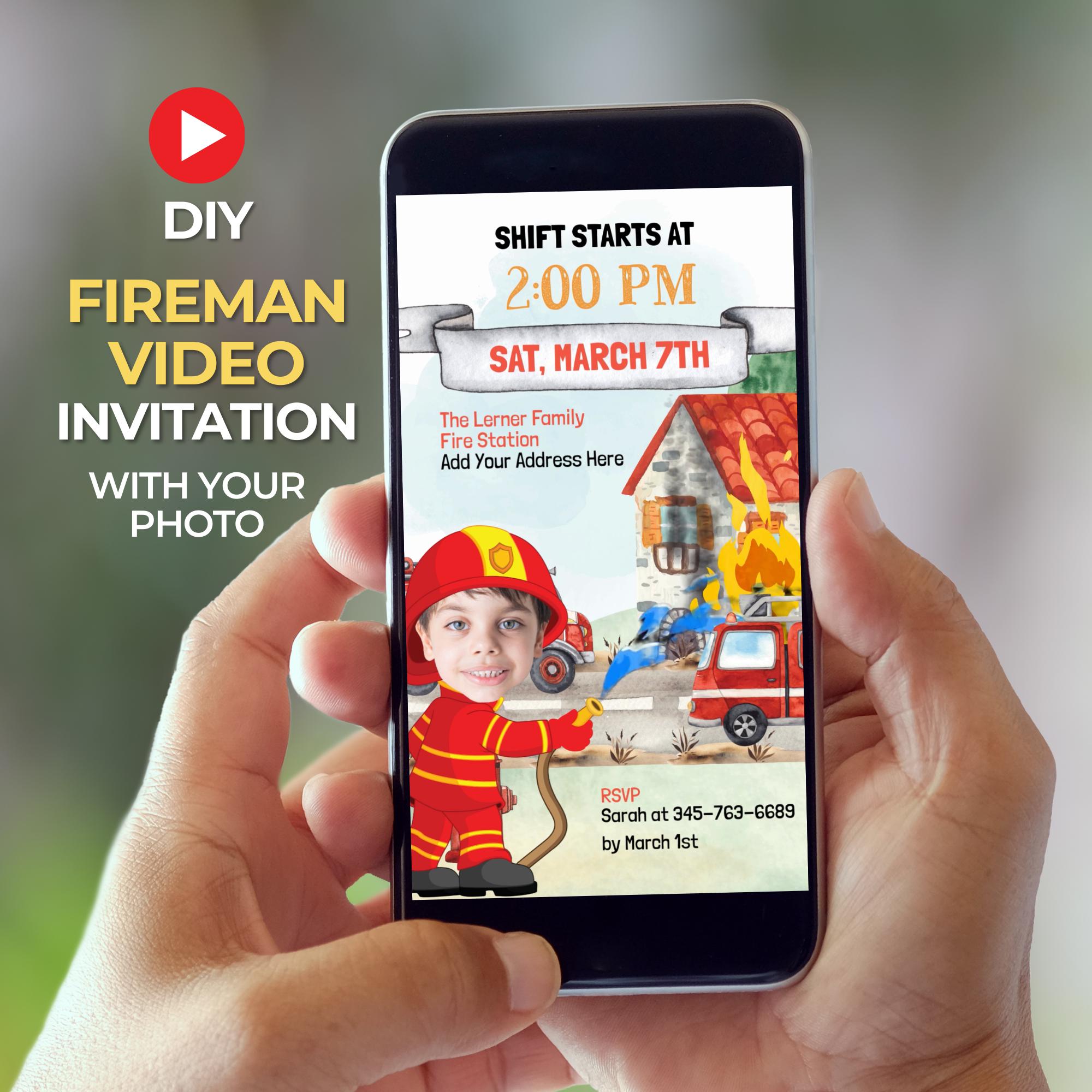 Fire Rescue Invitations DIY Photo Fireman Video Invitation, Firefighter Birthday Electronic ...