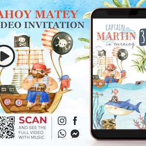 海賊の誕生日ビデオ招待状、海賊パーティーアニメーション招待状、アホイ メイティ招待状、海賊船デジタルアニメーション、ソーシャル メディア ビデオ K1