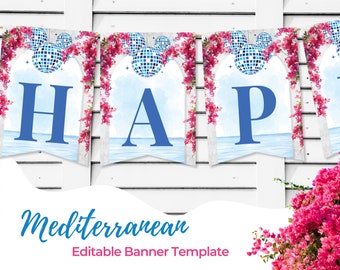 Puede incluir: Plantilla de banner editable con la palabra "HAPPY" en letras azules sobre un fondo blanco con un diseño de acuarela azul y blanco. La pancarta presenta un arco floral con flores rosas y una bola de discoteca colgando del arco.
