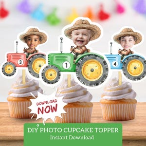 May include: Cupcakes topped with DIY photo cupcake toppers featuring watercolor illustrations of children driving tractors. The tractors are red, green, and blue, each with a different number. The toppers are on cupcakes with white frosting. The image includes the text "DOWNLOAD NOW".
