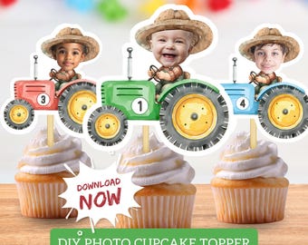 DIY Photo Tractor Driver Cupcake Topper, Custom Face Farmer Food Decoration, Boy Farm Truck Centrepiece, Sticker Printable, Digital Download