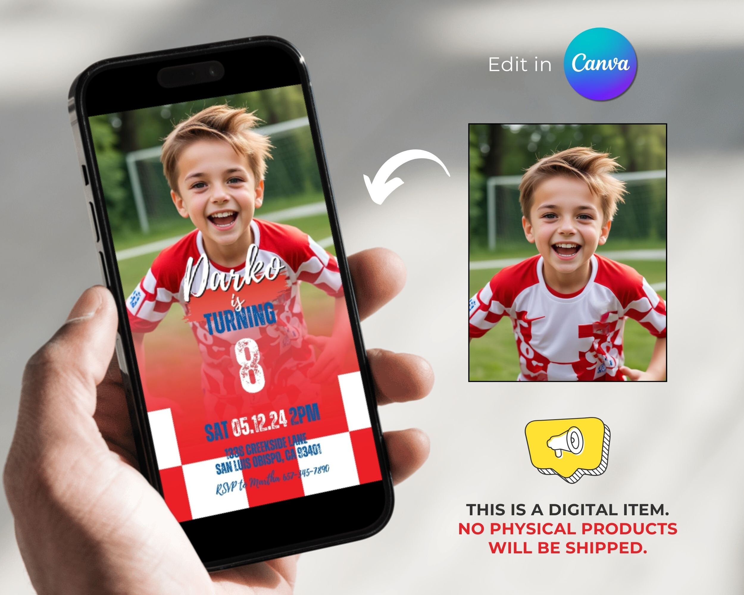 Soccer Birthday Invitation With Photo, Soccer Electronic Invite