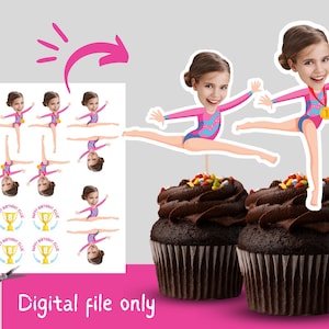 Girl Gymnast Cupcake Toppers with Photo, Gymnastics Birthday Party Decoration, Personalized Gymnast Topper, Girls Custom Printable Toppers