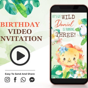 Jungle Safari E-verjaardagsuitnodiging video, leeuw geanimeerde uitnodigingen, uitnodiging voor feest van wilde dieren, digitale animatie nodigt, sociale media K1