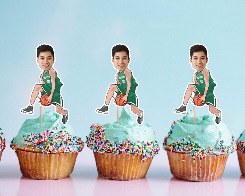 Basketball Player Cupcake Toppers with Photo, Basketball Player Birthday Decoration, Personalized Basketball Topper, Custom Printable Topper image 4
