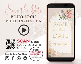 Boho Arch Save the Date Video Invitation with Photo, Blush Greenery Wedding Invite, Animated Engagement Announcement, Phone Invitation W1