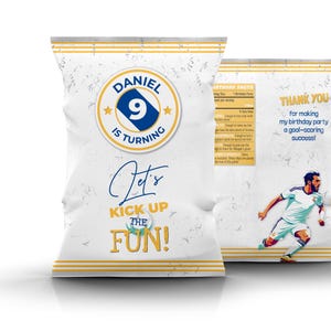 Voetbalchipzakje bewerkbare sjabloon, verjaardagsfeestje chipzakje, voetbalchips tas wrapper, feestartikelen, voedseldeco, digitaal bestand direct downloaden