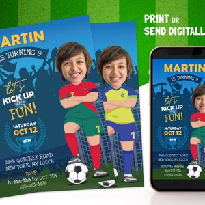 Faire-part d'anniversaire de football avec votre photo, impression d'anniversaire de fan de football du Portugal et faire-part de fête numérique, carte d'impression de football de tout âge