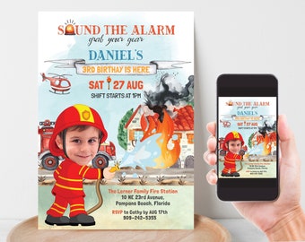 Firefighter Birthday Invitation with Photo, Fireman Party Invite with your face, Fire Truck Boy Birthday Invitation, Printable Invitation P1