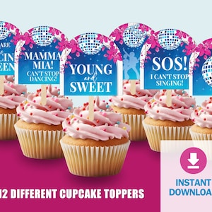 Dancing Queen Cupcake Toppers, Mamma Mia Cupcake Topper, 1970s Disco Party Decoration, Disco Birthday Cupcake Toppers Instant Download