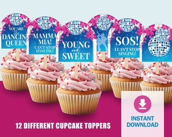 Topper per cupcake Dancing Queen, Topper per cupcake Mamma Mia, Decorazione per feste in discoteca anni '70, Topper per cupcake per compleanni in discoteca, Download immediato