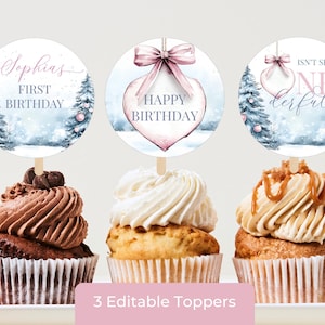 May include: Three cupcakes with decorative toppers. The toppers have winter-themed designs with text that reads "Sophia's First Birthday", "Happy Birthday", and "Isn't She One derful". The cupcakes have different frosting.