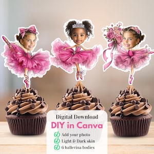 Modèle de décoration de cupcake ballerine photo bricolage, centre de table visage personnalisé princesse, bannière d'anniversaire fille, décoration de fête, fichier numérique