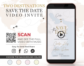 Two Destinations Save the Date Video, World Map Digital Animated Wedding Invite, Birthday Save the Date, Adventure Begin Video Invitation W1