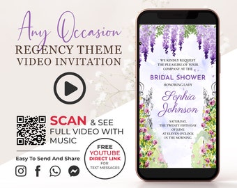Regency Theme Bridal Shower Video Invitation, Wisteria Birthday Invite, Roses Any Occasion Digital Video Invite, Animated Romantic Card BSH1