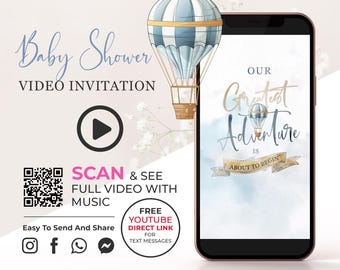 Our Greatest Adventure Baby Boy Shower Video Invitation, Hot Air Balloon Adventure Awaits Invitation, Clouds Digital Video Invitation BSH2