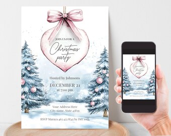 May include: A pink and white Christmas party invitation with a watercolor illustration of a heart-shaped ornament, pine trees, and snowflakes. The text reads "Join us for a Christmas party", "Hosted by Johnsons", "December 21 at 7:00 pm", "Your Address Here City name, State 45839", and "RSVP Maraya 463 433 8745 by Dec 10th".